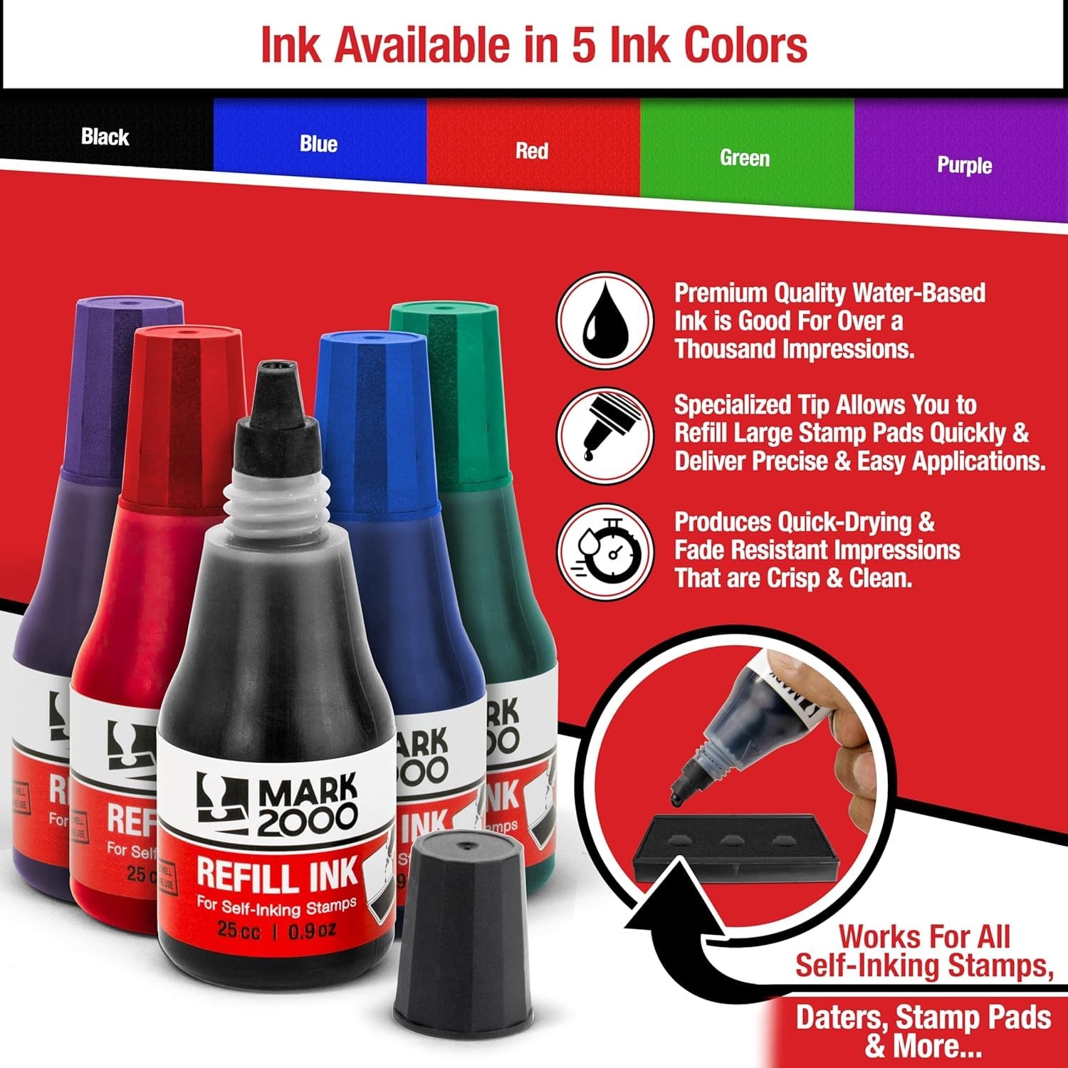 Mark 2000 Self-Inking Refill Ink - 2 Pack - Blue & Red - 25cc (0.9oz)