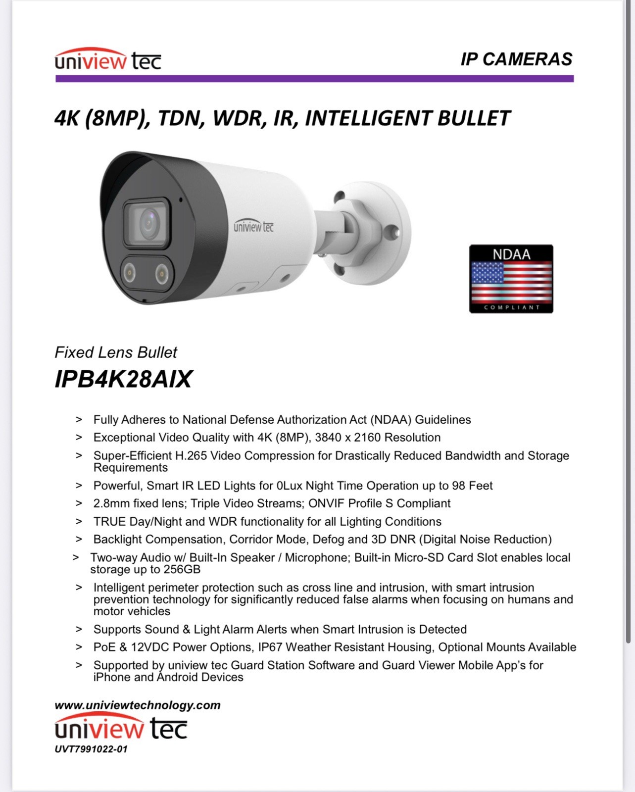 Security 4K POE Camera By Uniview Tec, PN# IPB4K28AIX,