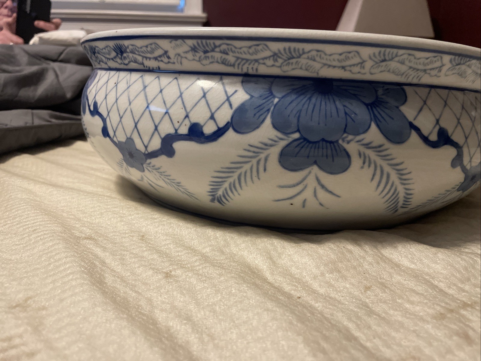 Blue and White Porcelain Chinoiserie Planter 14 In Wide 5 In Tall Vintage