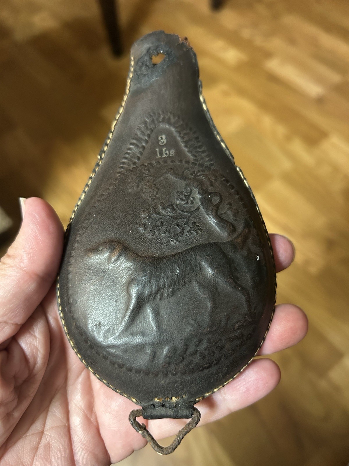 Antique 3lbs Black Powder Embossed Dog Leather Powder Or Shot Pouch