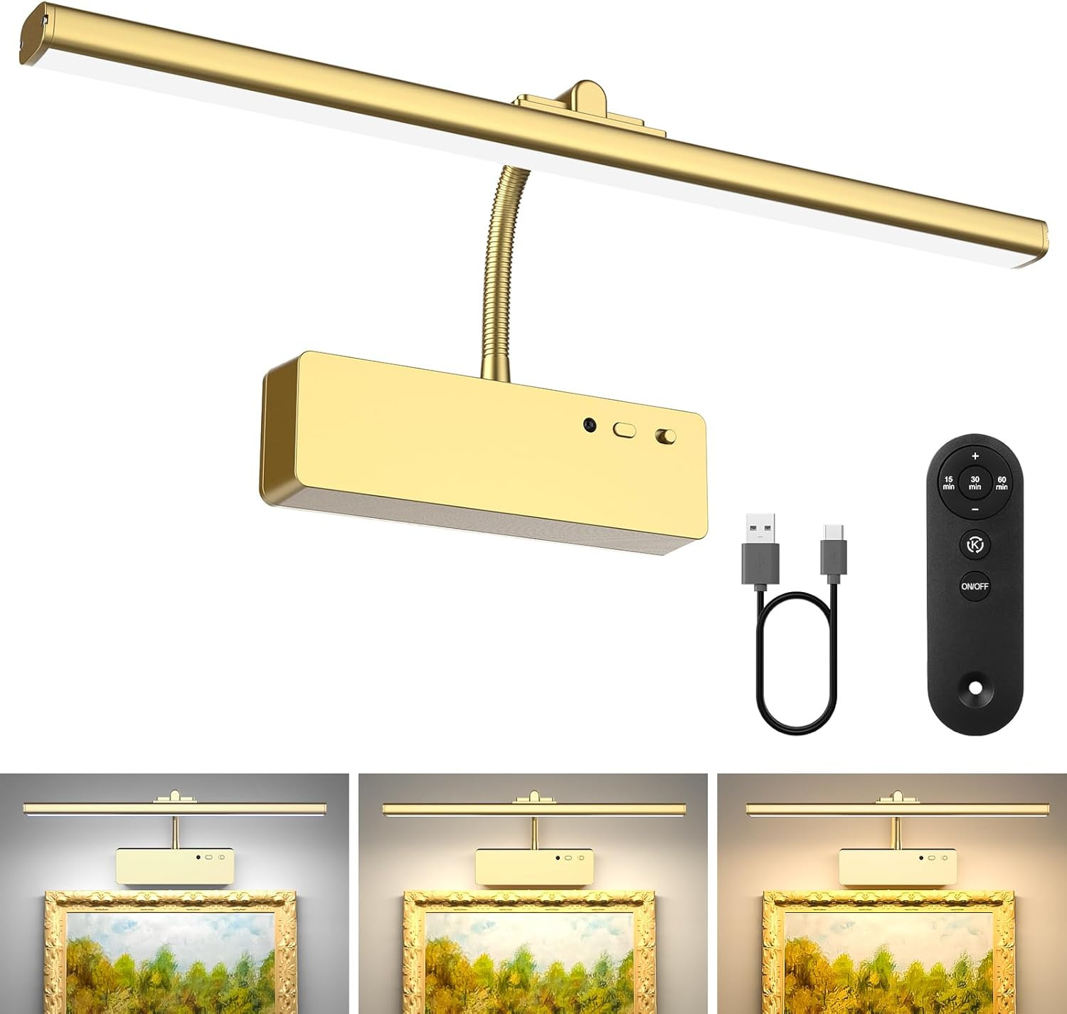 Picture Light with Remote, 15.35Inch Wireless Rechargeable Battery Wall Light fo