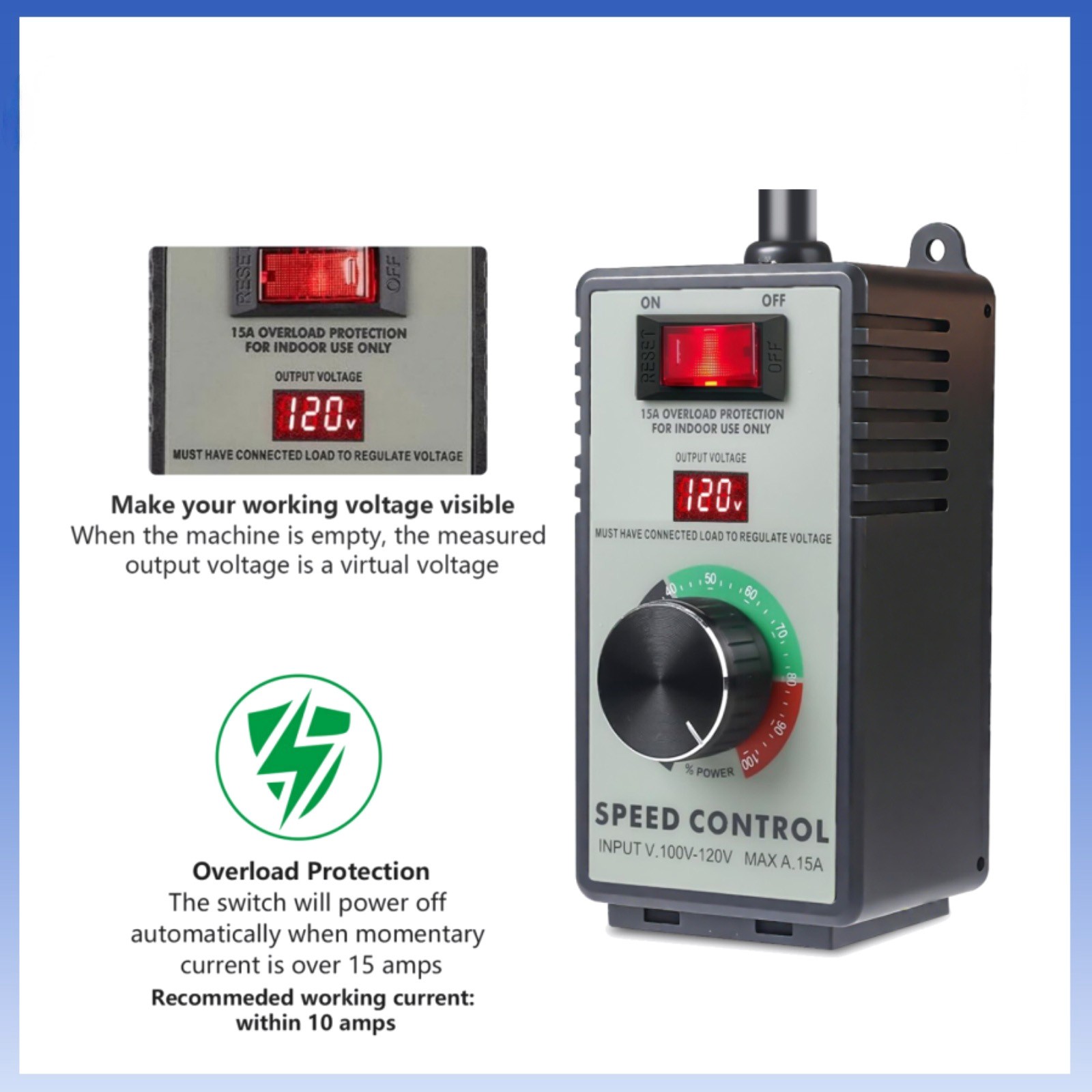 Professional 120V AC Motor Speed Controller with LED Display for Power Tools Use