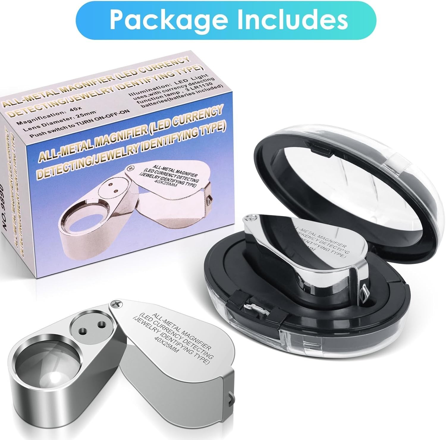 40X Jewelers Loupe Jewelry Loop Coin Magnifier Light Pocket LED Magnifying Glass