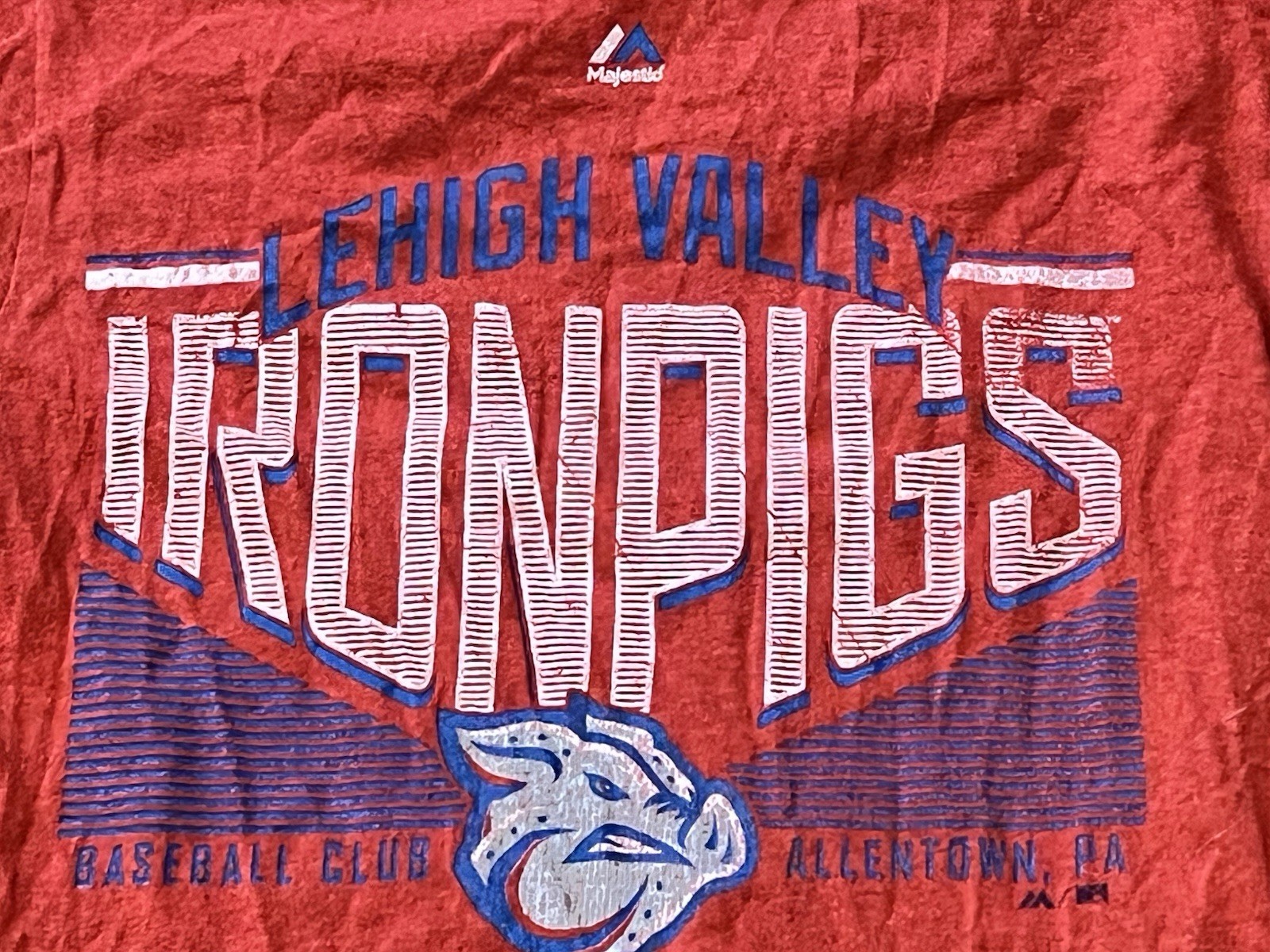 Majestic Lehigh Valley IronPigs Red Blue White Mens Small Graphic Logo T Shirt