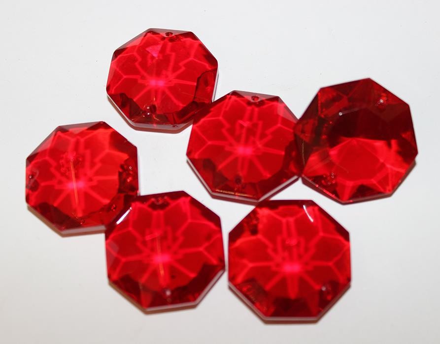 Set of 6  Large, Vintage, RED, 26mm Octagon CRYSTALS, 2 holes, Lighting parts