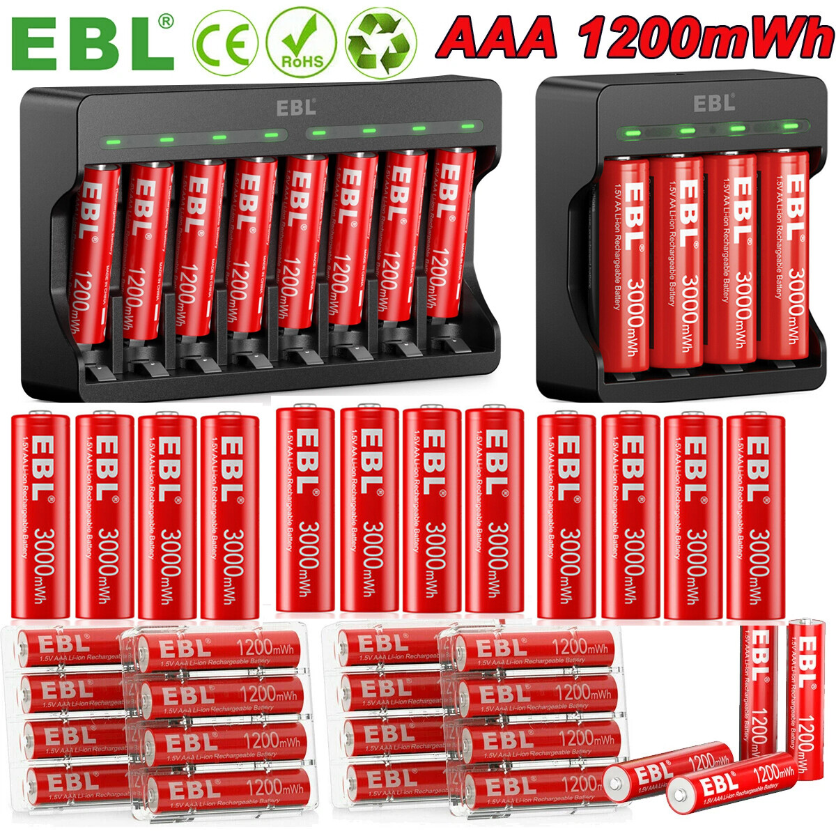 EBL Triple A,Double A Rechargeable Lithium Li-ion Batteries 1.5V  / Charger Lot