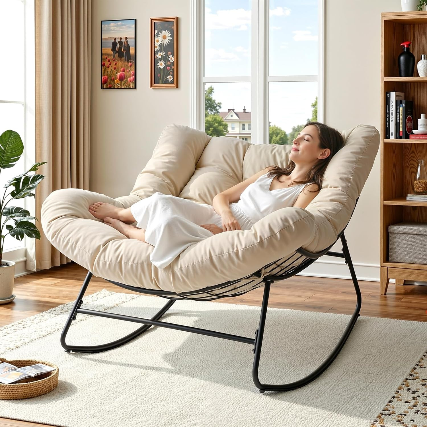 Papasan Rocking Chair Indoor, Oversized Rocking Chair with Thickened Cushion, 45