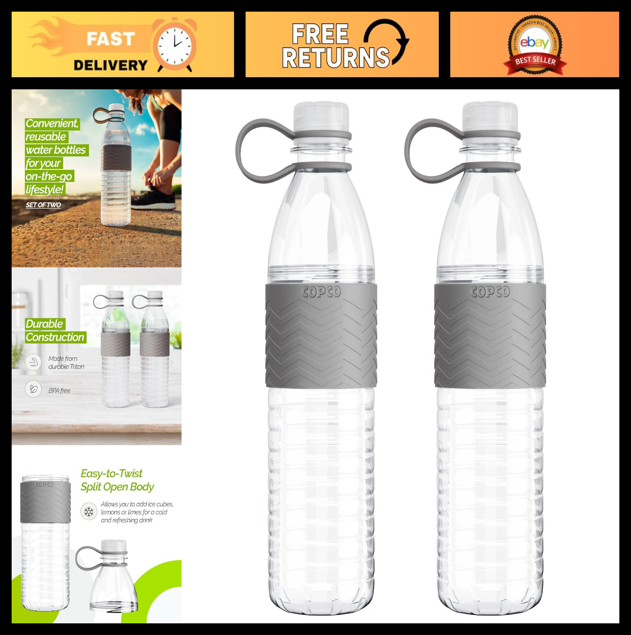 20 oz Tritan Water Bottle Set of 2 - BPA-Free, Spill Resistant, Non-Slip Sleeve,