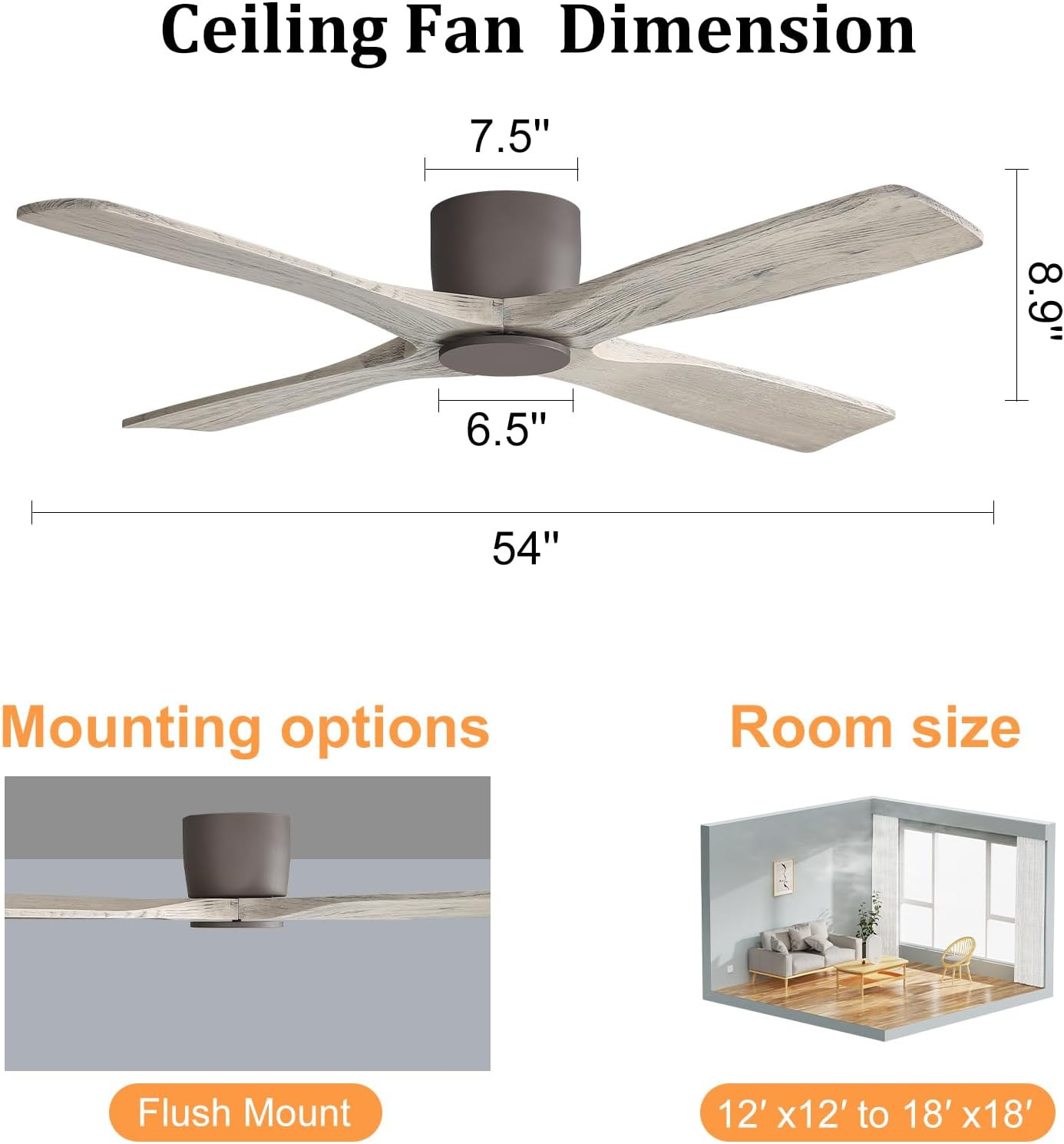 54" Ceiling Fan without Lights -Modern Low Profile Flush Mount Ceiling Fan, 6-Sp