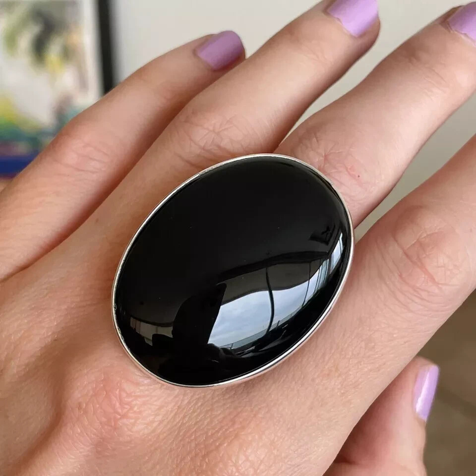 Large Black Onyx Ring 925 Sterling Silver Boho Statement Ring Women Ring K-42