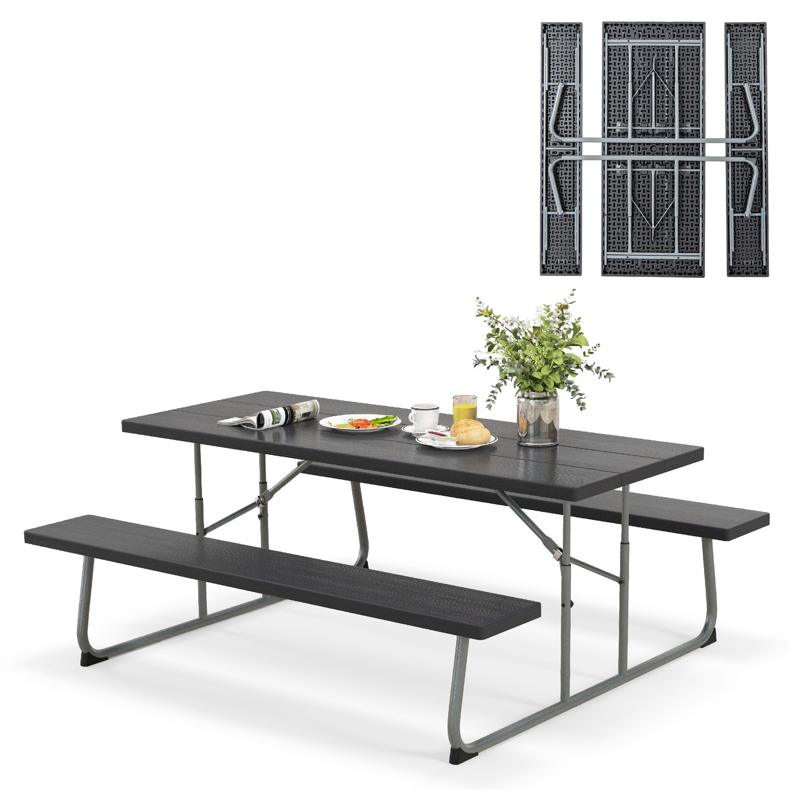 Folding Picnic Table w/Wood-like Tabletop, Umbrella Hole, 2 Benches for 8 Person
