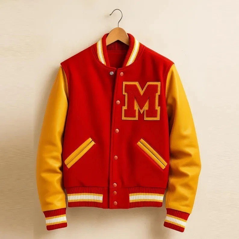 Men`s MJ Red Yellow Varsity Jacket Men Wool Leather Baseball Jacket