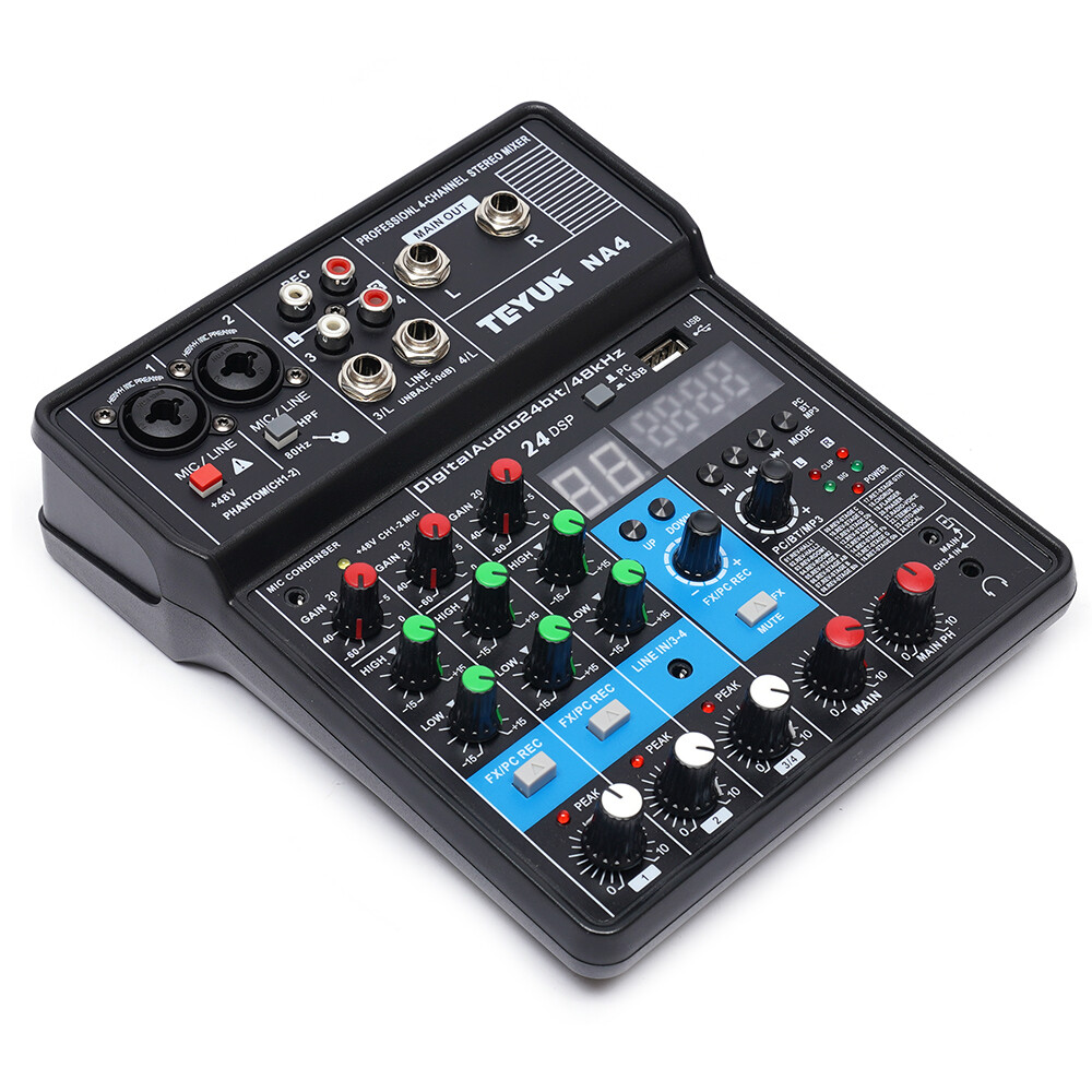 Mini Audio Mixer Bluetooth USB DJ Console 4 Channel Karaoke Live Studio 24 DSP