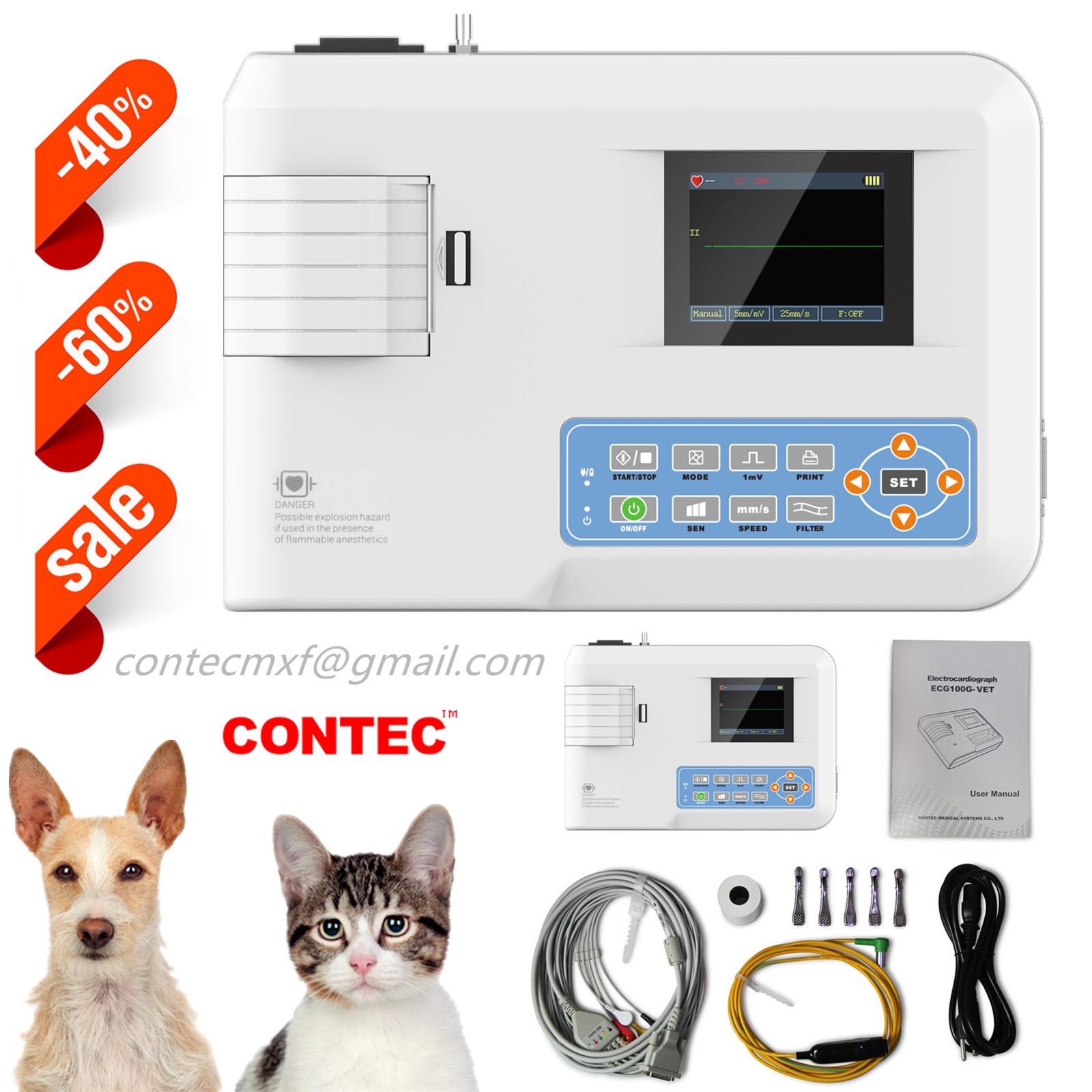 US Stock Veterinary Electrocardiograph ECG Machine EKG Monitor ECG100G-VET Print