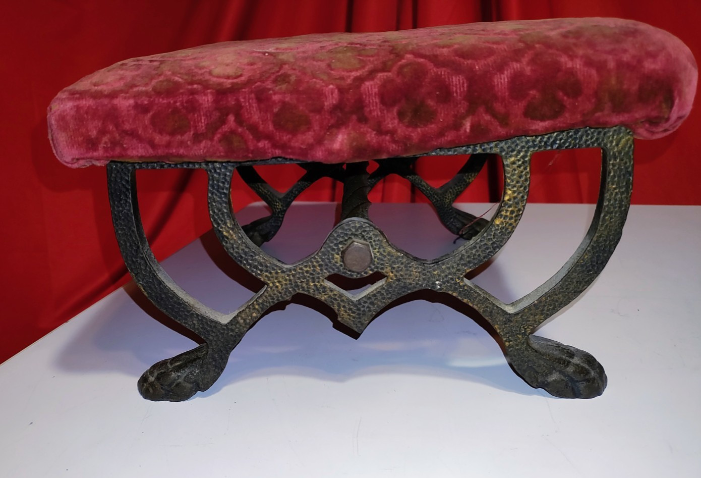 Antique Footstool Ottoman Ornate Cast Iron Base Victorian Deco Nice .