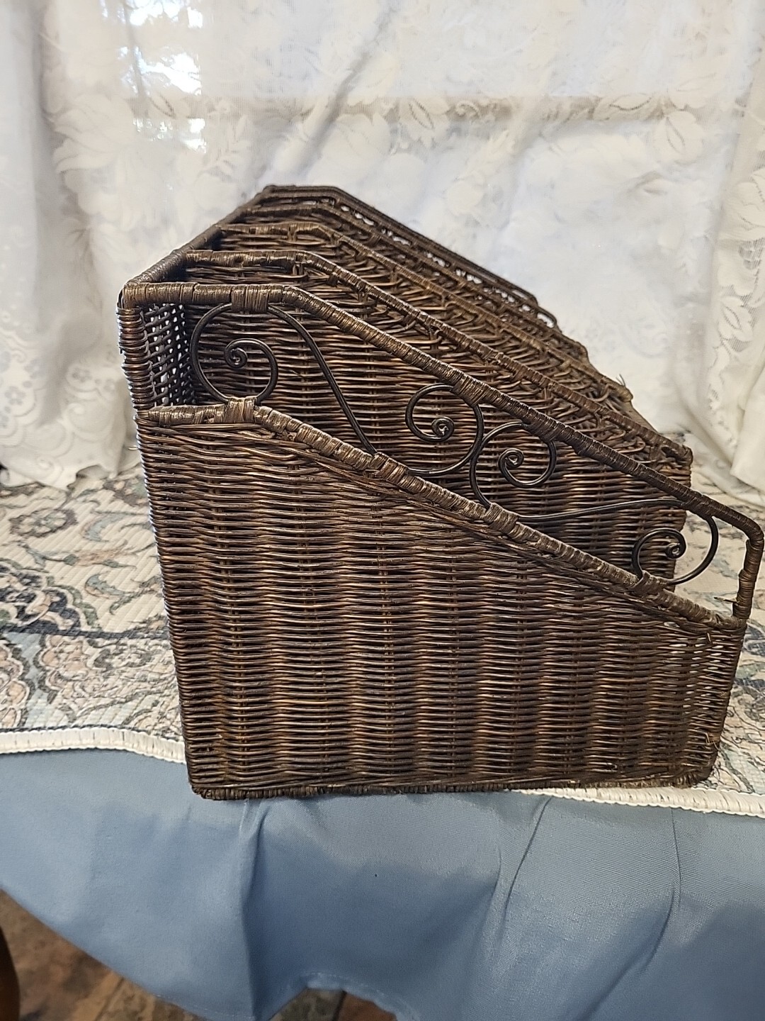 Beautiful Brown Wicker & Wood Desk Organizer Caddy