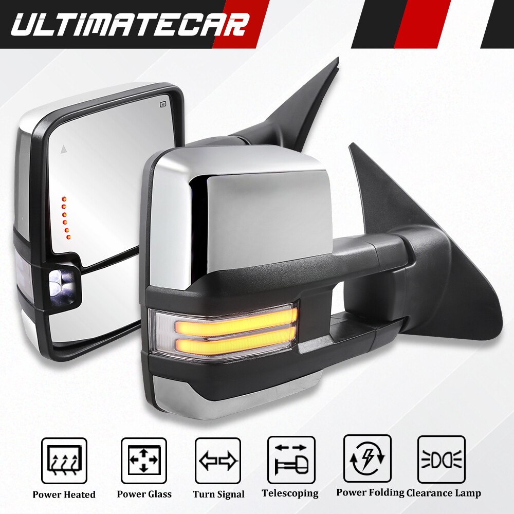 Pair Chrome Power Fold Tow Mirrors w/ BSM For 08-17 Toyota Sequoia 07-21 Tundra