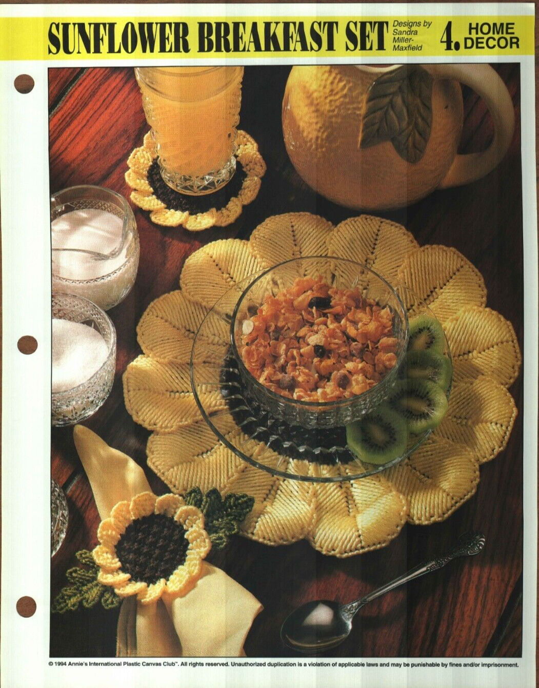 NEW SUNFLOWER BREAKFAST SET PLACEMAT ANNIES PLASTIC CANVAS PATTERN INSTRUCTIONS