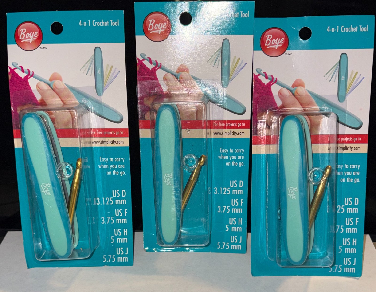 3 Pack Boye Blue 4-in-1 Crochet Hook Tool Sizes D,F,H,J Yarn Take Along
