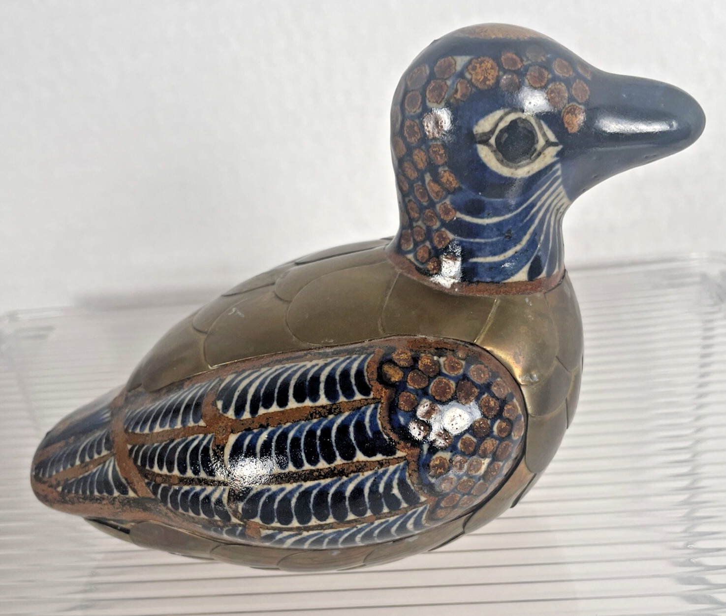 Tonala Mexico Duck Bird Ceramic w/ Brass Scales Blue Brown Decor