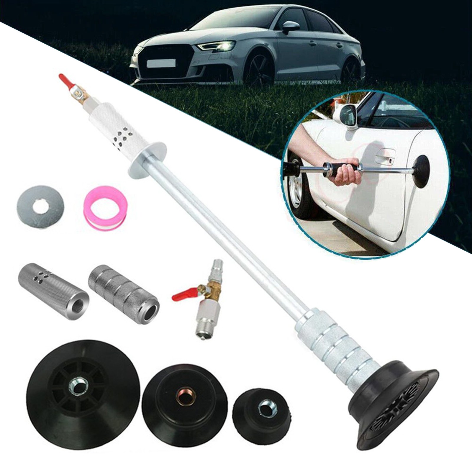 Air-Powered Dent Puller Kit for Auto Body Repair with Suction Cup and Slide Tool