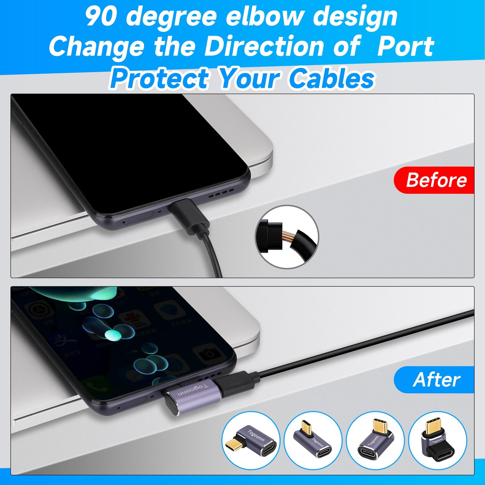 Togconn 90 Degree Right Angle USB C Adapter (2 2 Pack, C Middle 90 degree