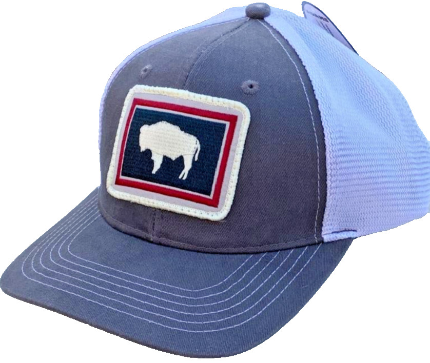 Wyoming State Flag Buffalo Slate Gray & White Trucker Cap. OSFM.
