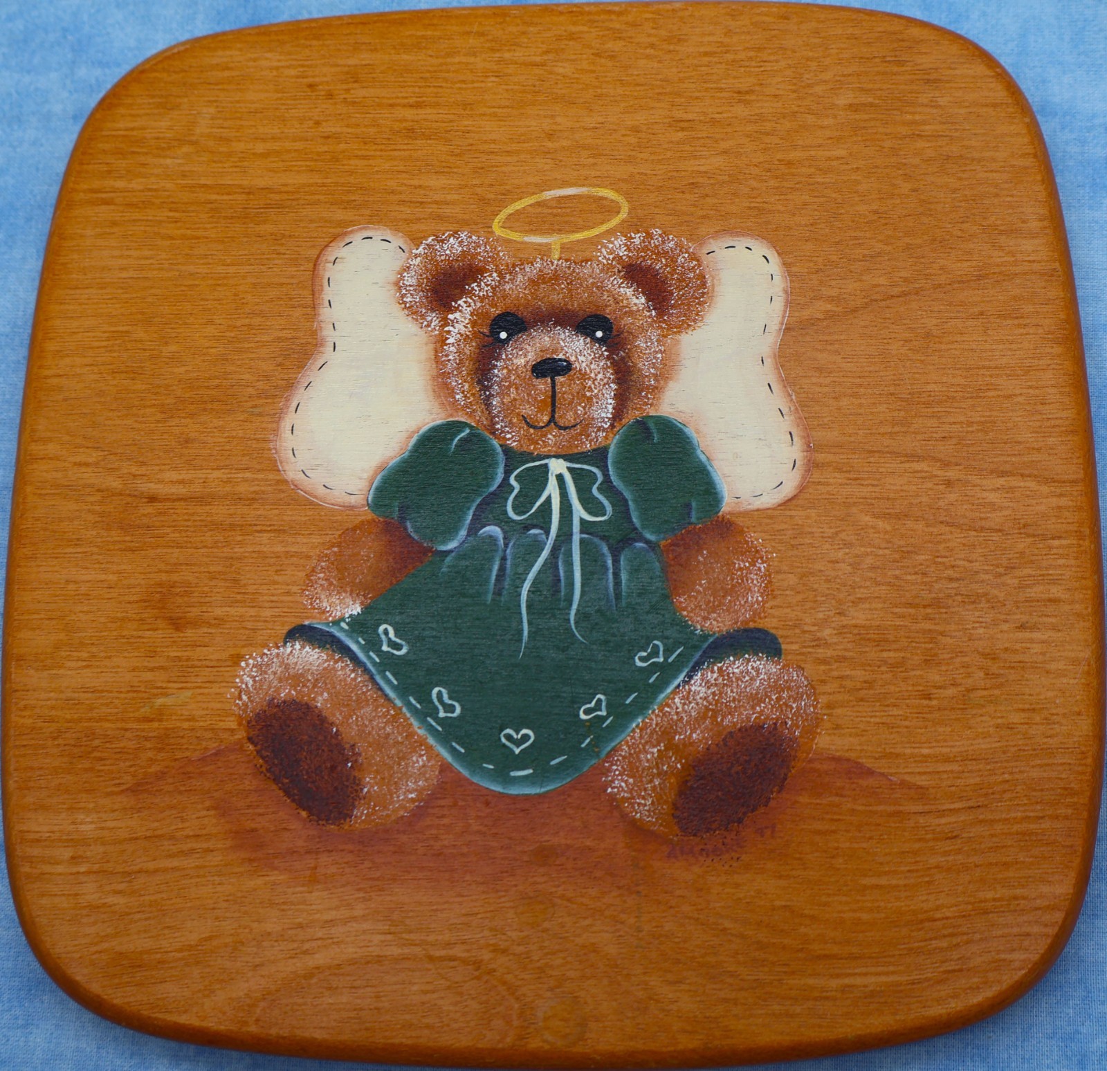 Hand Painted Wood Basket Lid 7.75 Square Angel Teddy Bear Folk Art