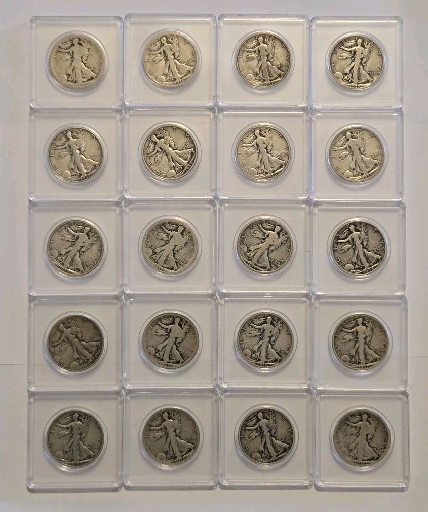 Great Lot Of 20 50c Silver Walking Liberty Coins Housed In Individual Cases.