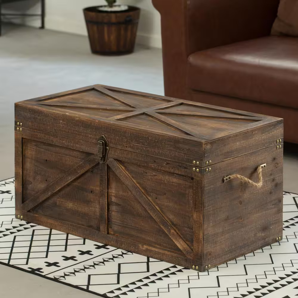 Brown Large Wooden Lockable Trunk Farmhouse Style Rustic Design Lined Storage Ch
