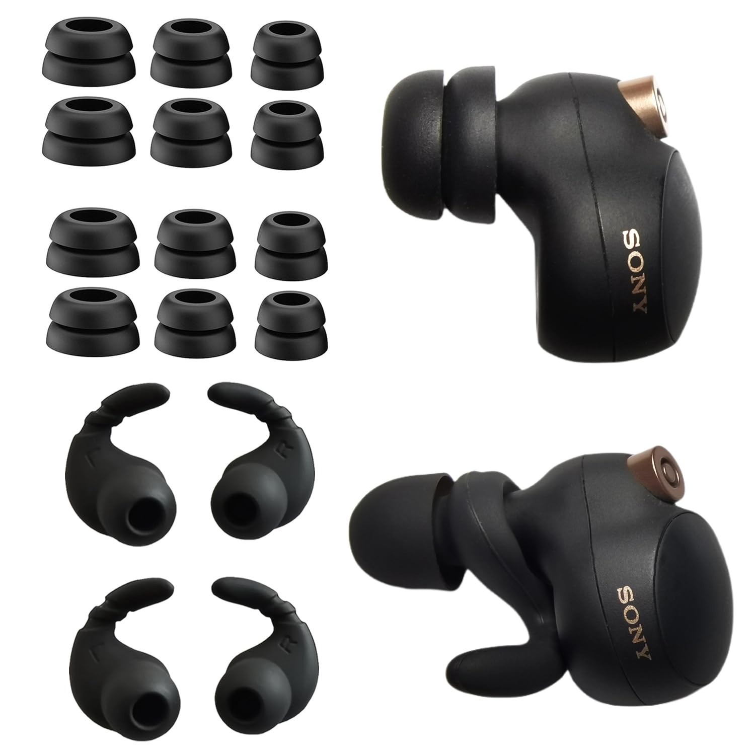 Double Flange Ear Tips & Ear Hooks for Sony WF-1000XM5/M4 – Fit Silicone Earb...