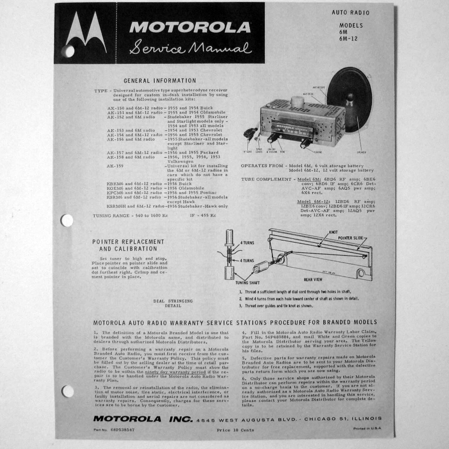 Motorola ® Models 6M 6M-12 1956 Buick Pontiac Auto Radio Service Manual © 1956
