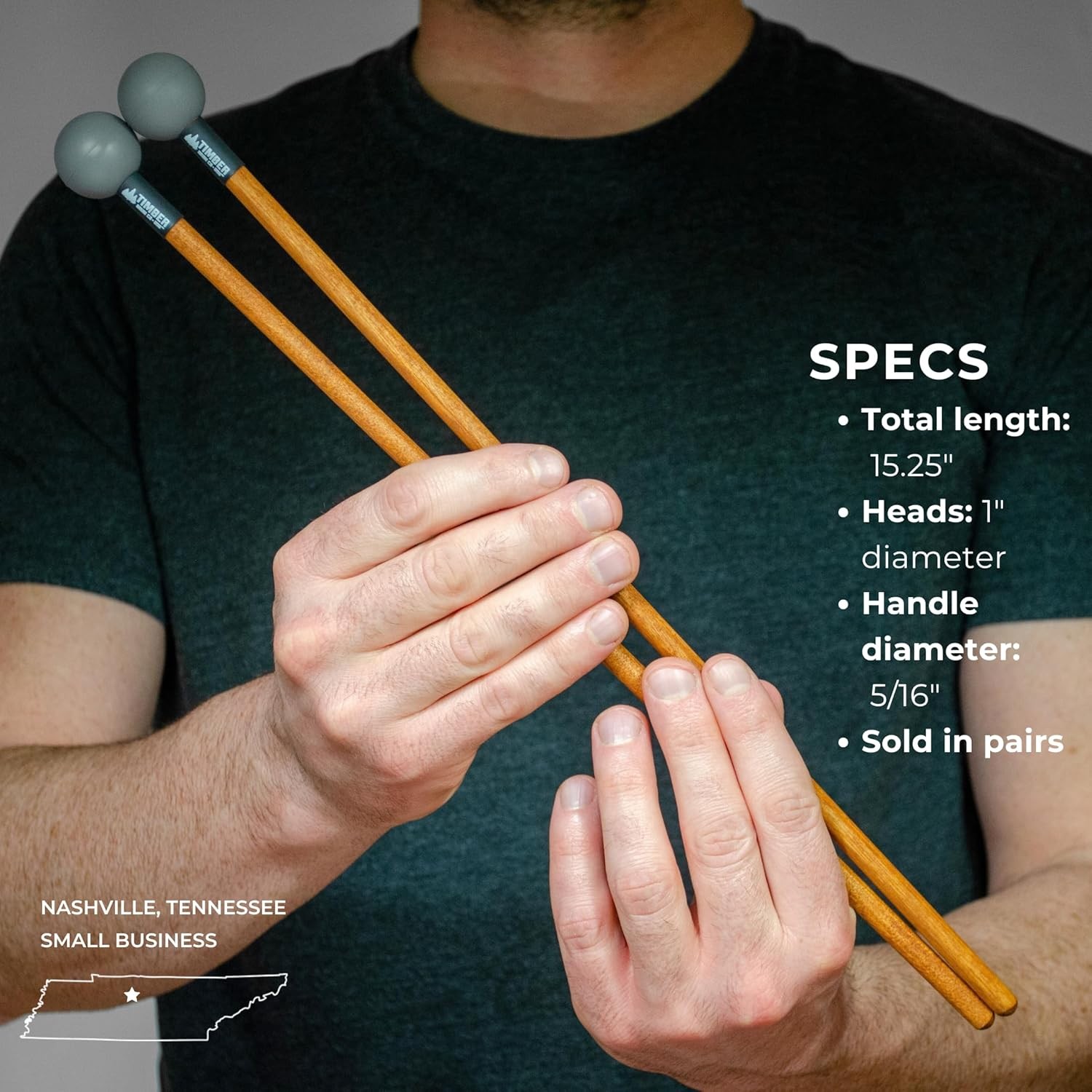 Timber Drum Co. Percussion Mallets — U.S.A. ASSEMBLED — Single Pair, Gray