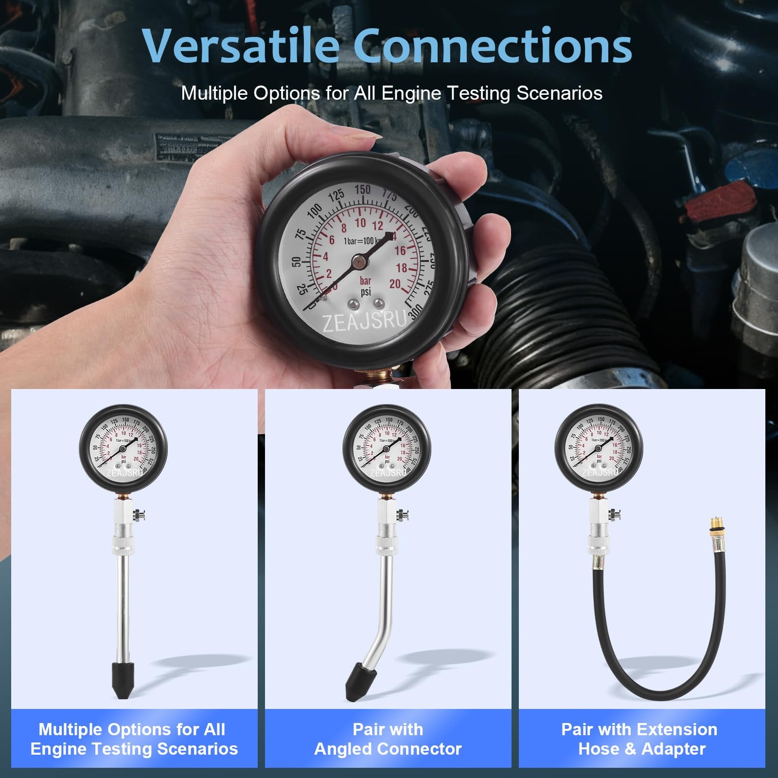 Compression Tester Kit Gasoline Engine Cylinder Pressure Gauge 0300 PSI 8PC