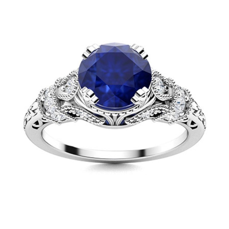 940 Sterling Silver 5MM Round Blue Sapphire Solitaire with Accents Wedding Ring