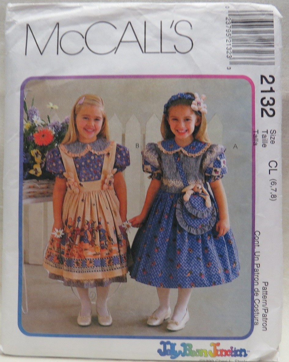 McCall's 2132 Girl's dress, pinafore, purse, bunny dolls pattern 6, 7, 8, uncut