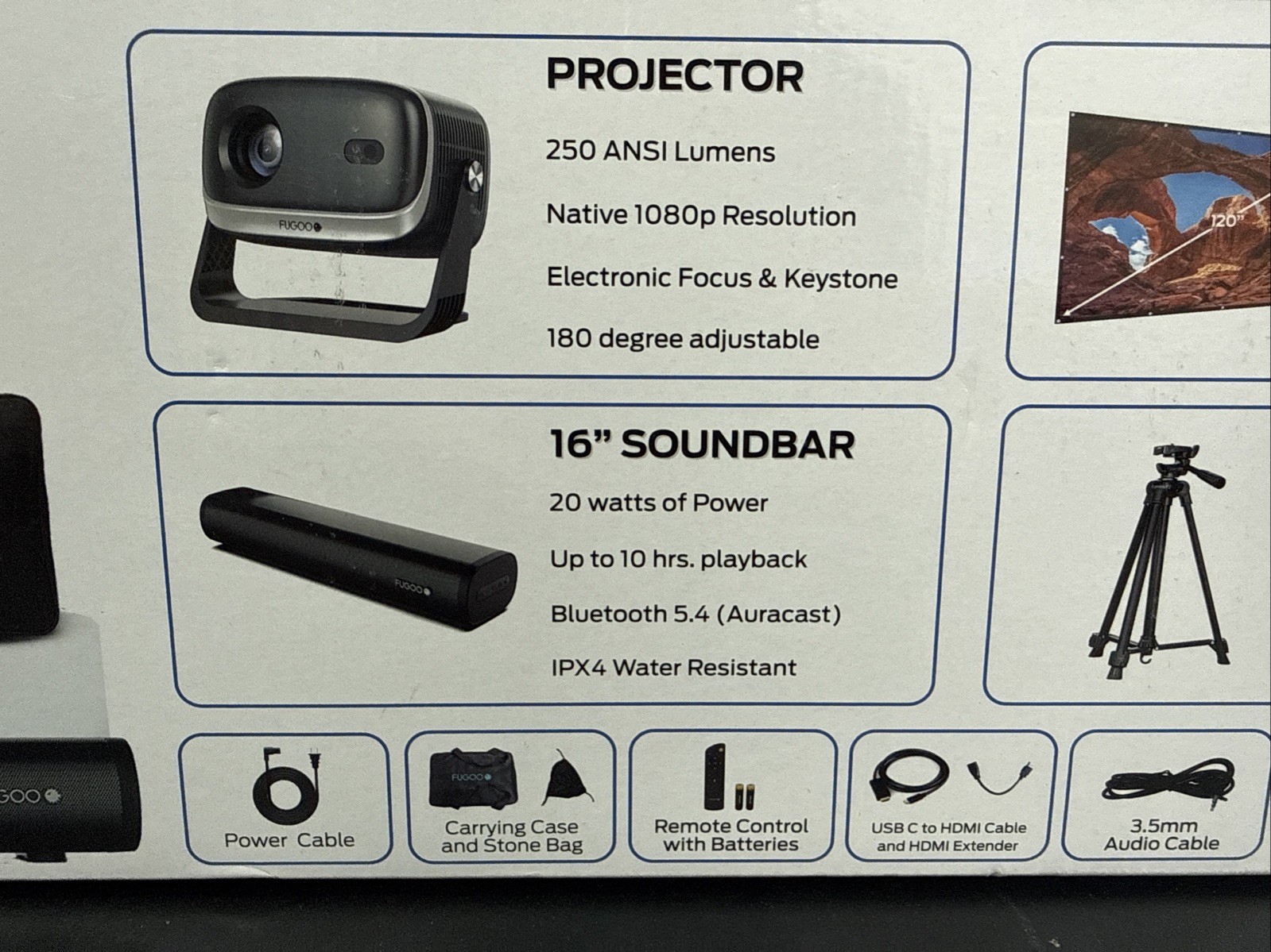 Fugoo Outdoor Projector & Soundbar Bundle with Tripod & 120" Foldable Screen
