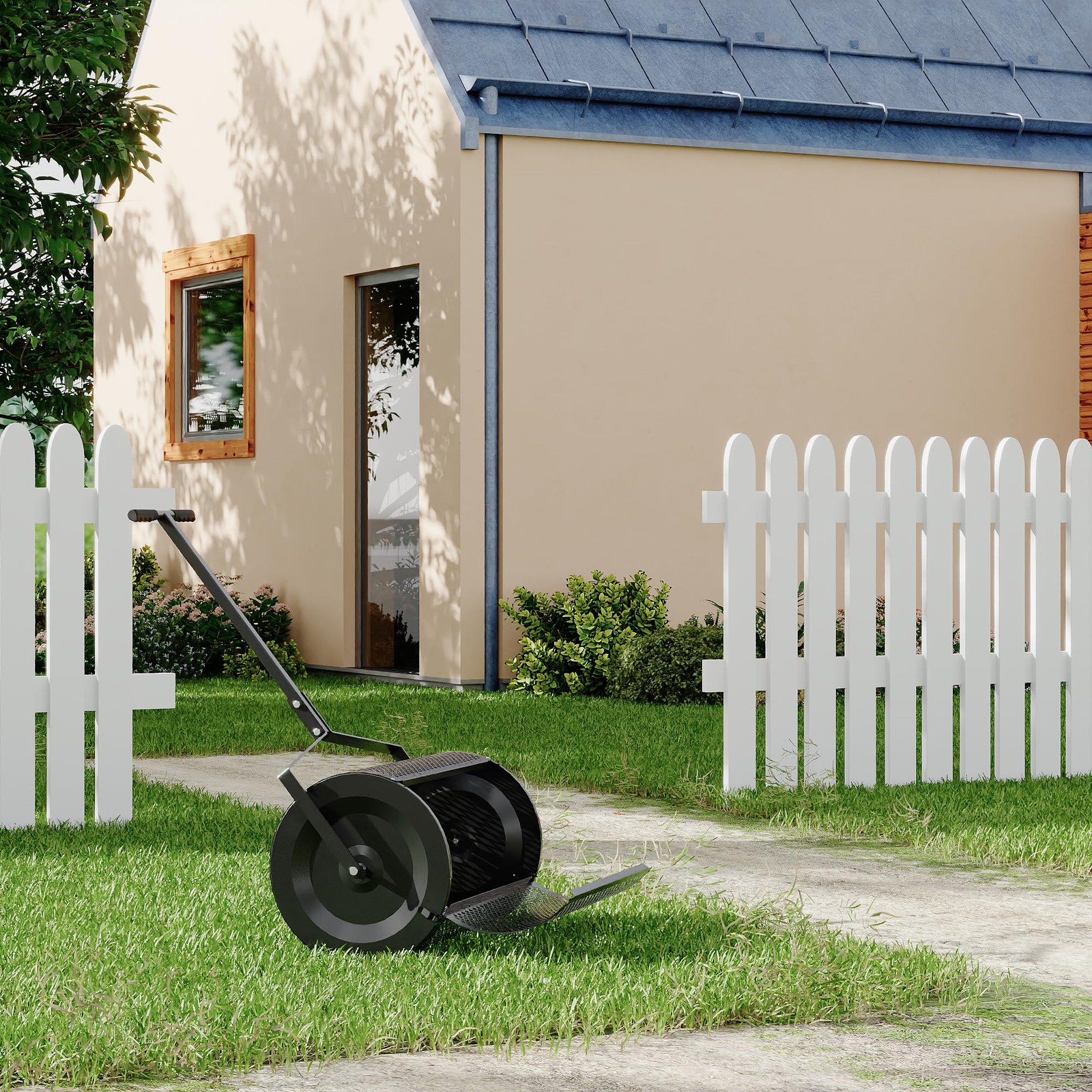 GRAVEE 24 Inch Lawn Spreader w/ Height-Adjustable Handle Rolling Drum Quick-Open