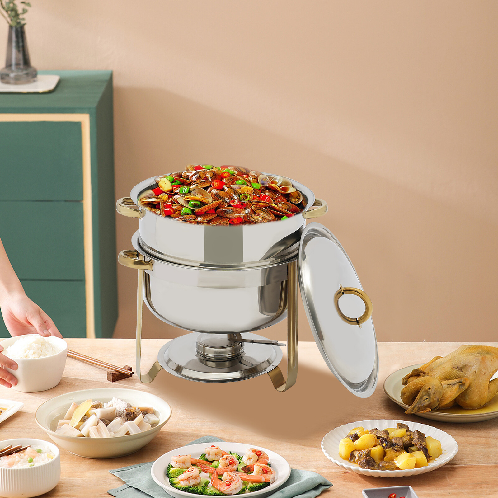 14 Qt Stainless Steel Round Chafer Chafing Dish Set Full Size Warmer Pot