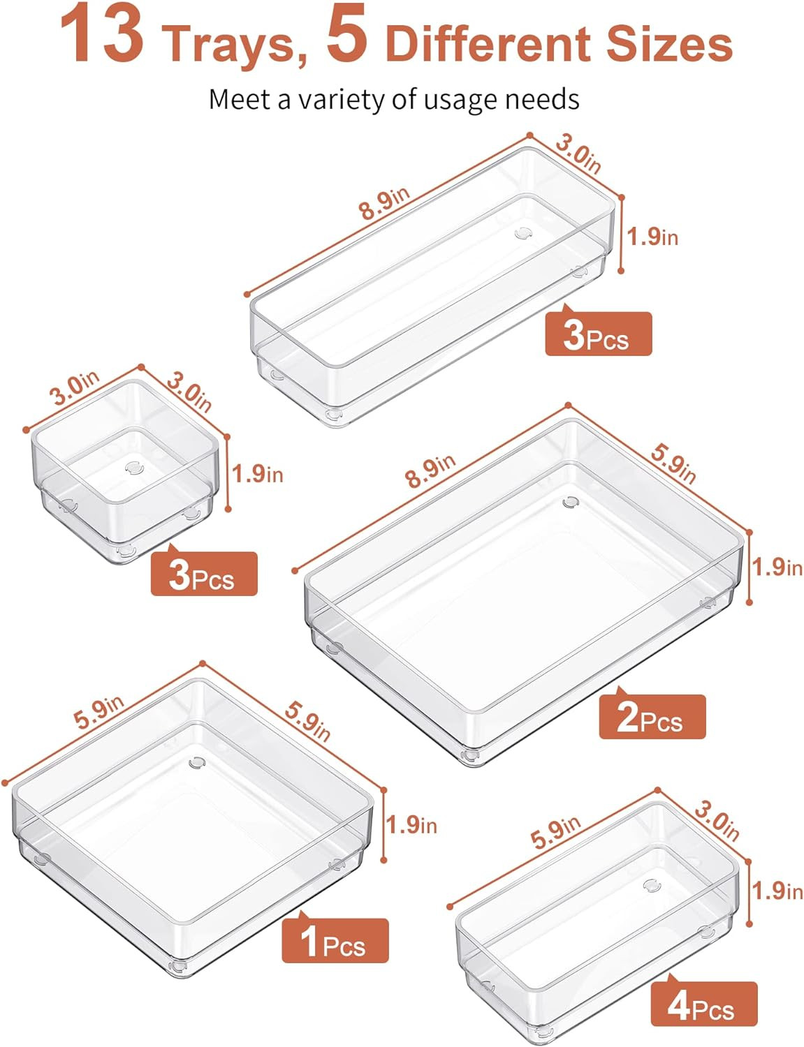13-Piece Drawer Organizer Set, Non-Slip Silicone Trays for Makeup and Utensils