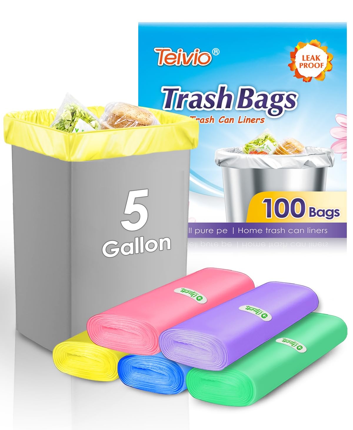Teivio Colorful Clear Trash Bags 5 Gallon 100 1 Count (Pack of 100), Color