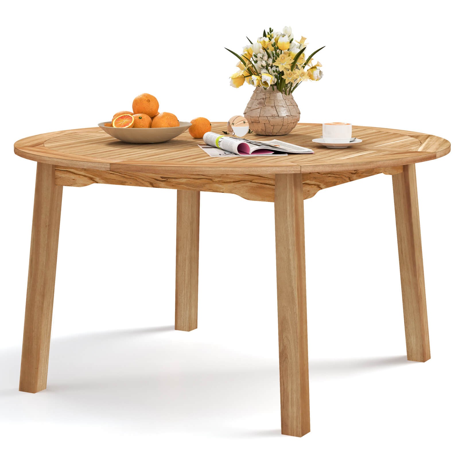 Round Patio Dining Table Acacia Wood Outdoor Dining Table with 2" Umbrella Hole
