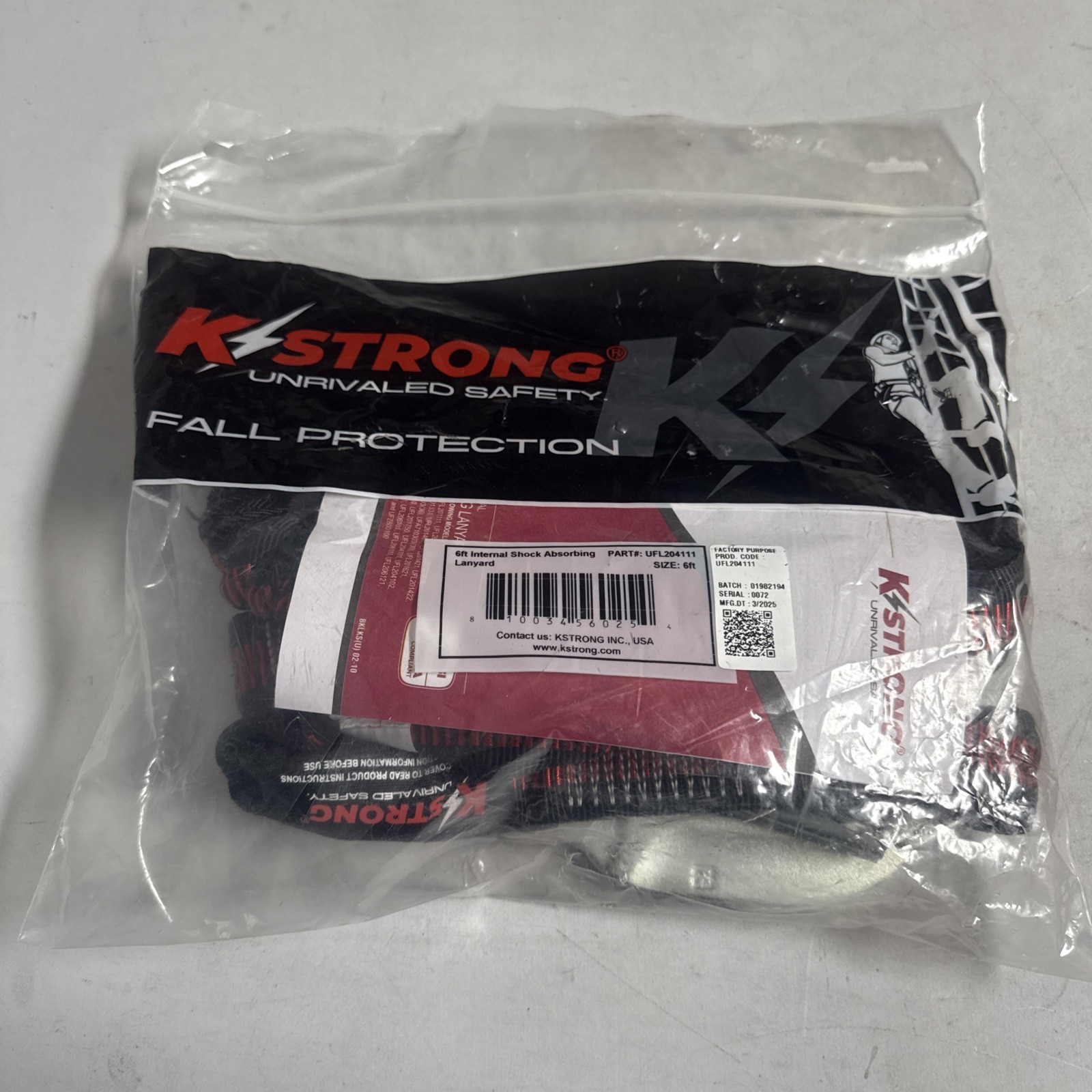K Strong 6 ft Twin Tie-off Internal Shock Absorbing Lanyard UFL204111
