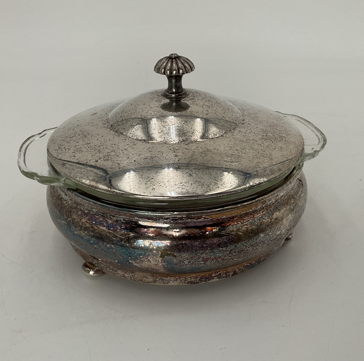 Vintage Sheffield Silver Co. Plate Lid Serving Dish W/ Pyrex Glass Bowl Insert