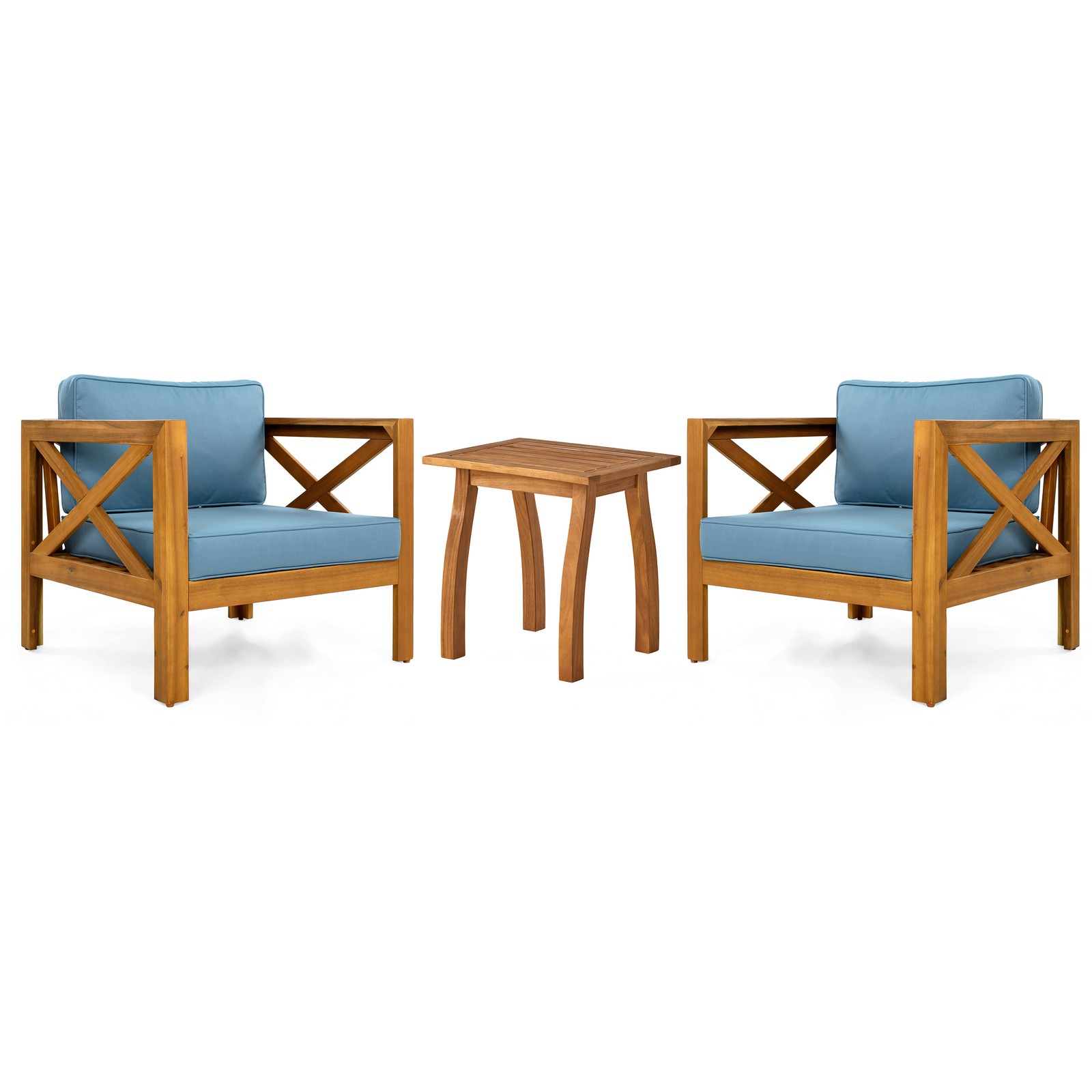 Acacia Wood Patio Conversation Set with 2 Club Chairs & End Table, Blue