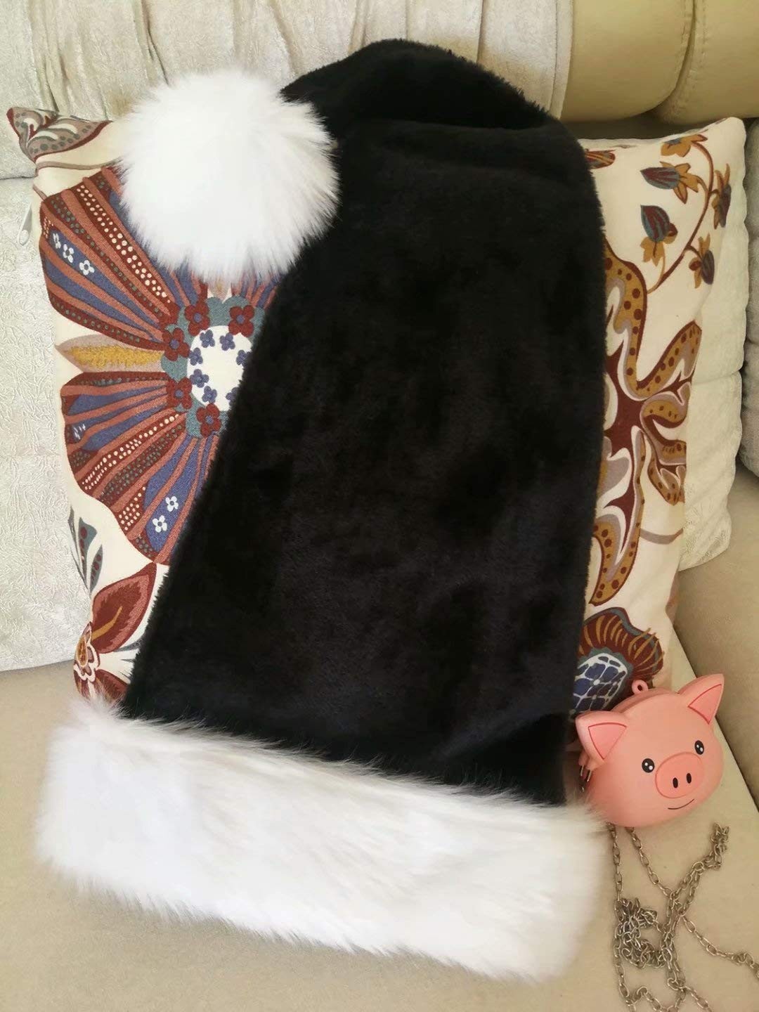 LKQBBSZ Black Santa Hat for Adults, & White Deluxe One Size,