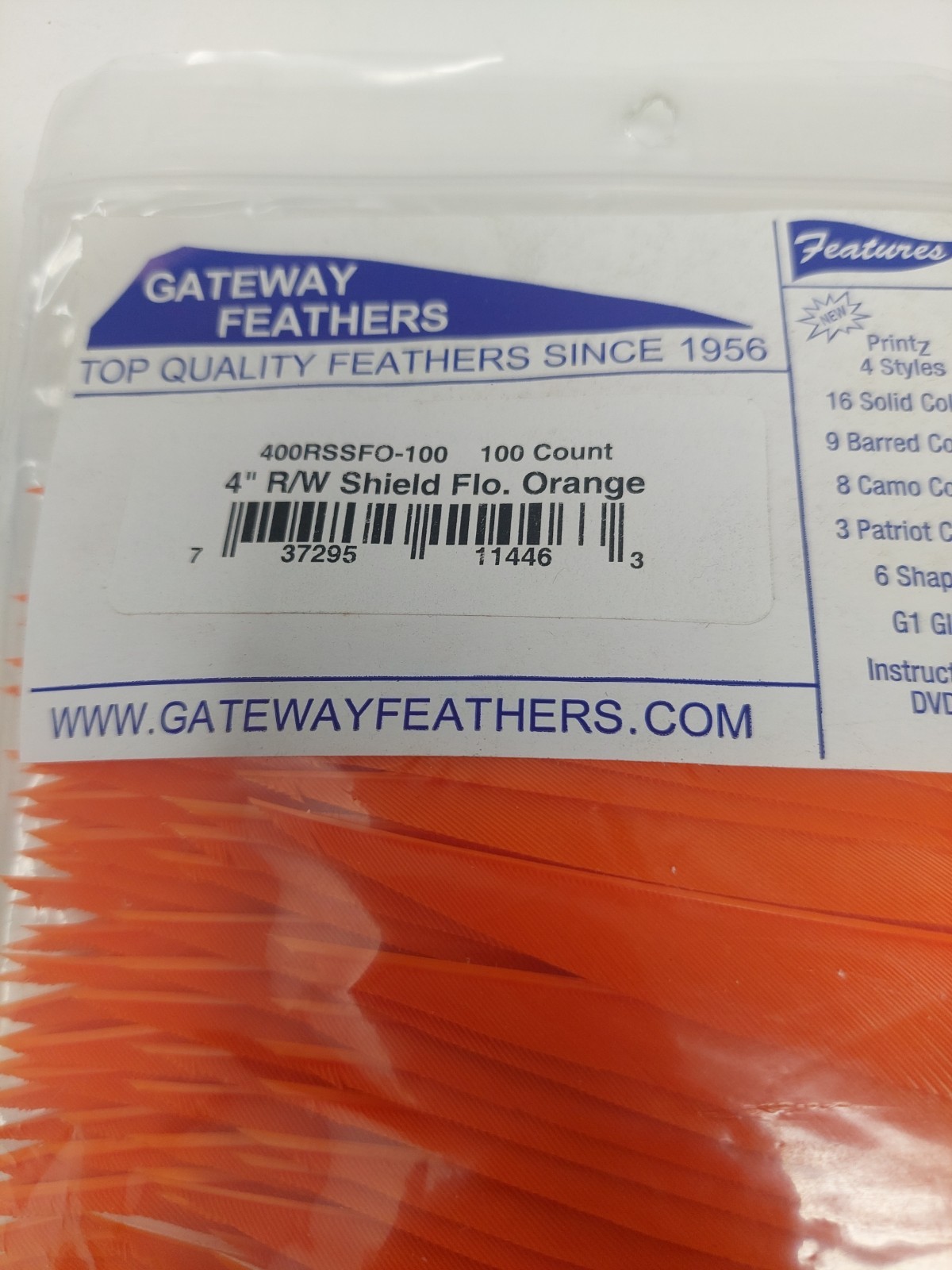 100 Pack Gateway Feathers 4" Right Wing: Shield Fluorescent Flo Orange 400RSSFO