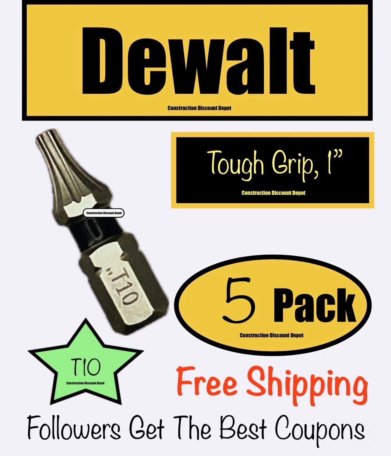 Dewalt Small Pack of 5 New IMPACT RATED 1" Drill Bit Tips Torx T10 T-10 Bits