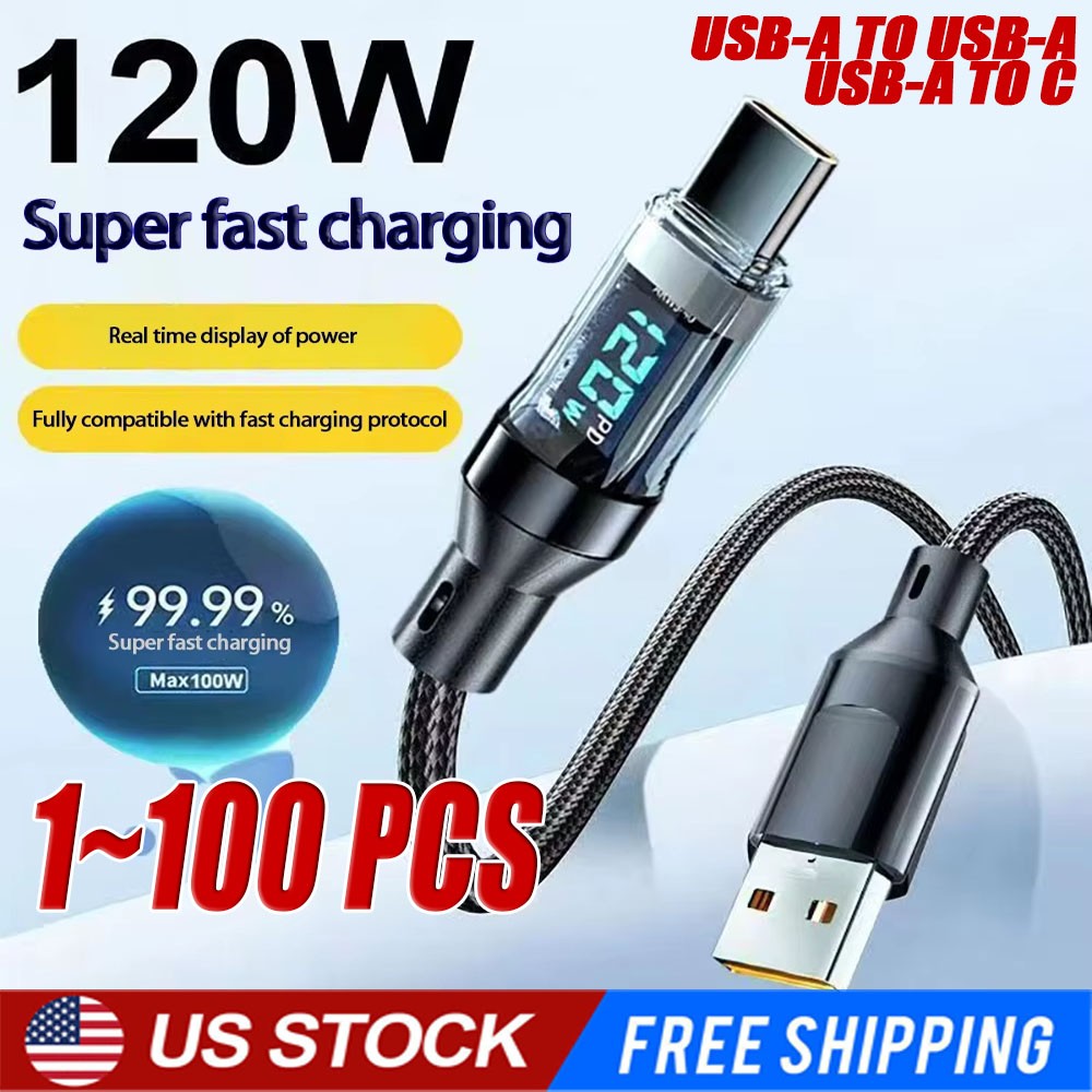 120w Super Fast USB Type-C Charging Braid Phone Charger Lead with Display LOT