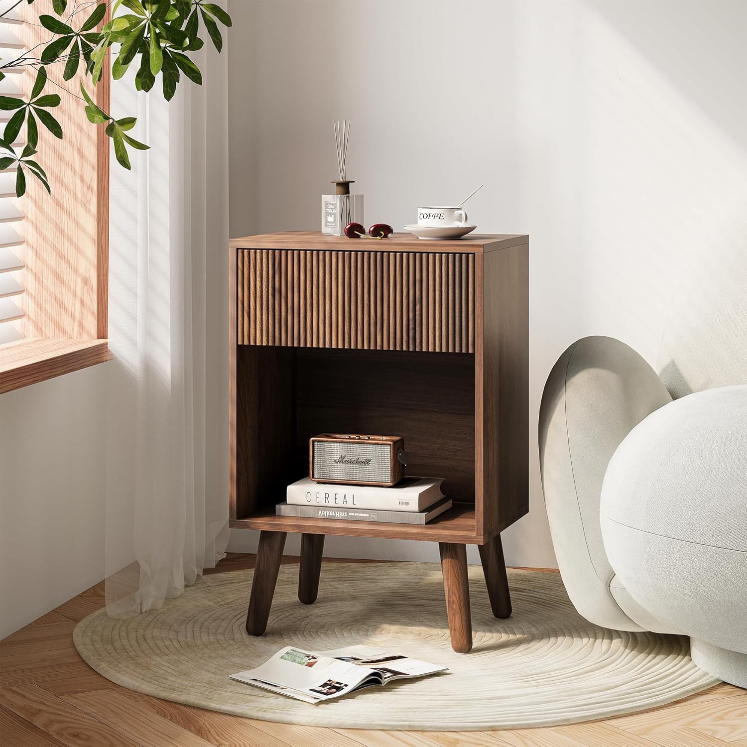 Nightstand, Modern Bedside Table with Storage Drawers and Open Wood Walnut